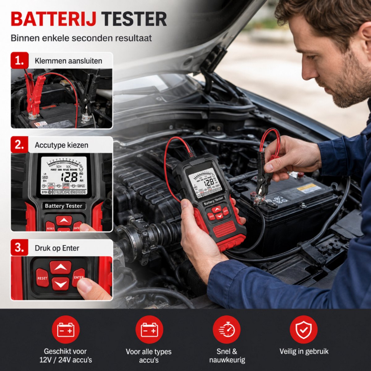 Batterijtester auto- Accu tester 12V 24V- Accudiagnose Tool -Storing Verwijderen – Auto Uitlezen –Voor Motor,Scooter,Boot,Camper thumbnail 5