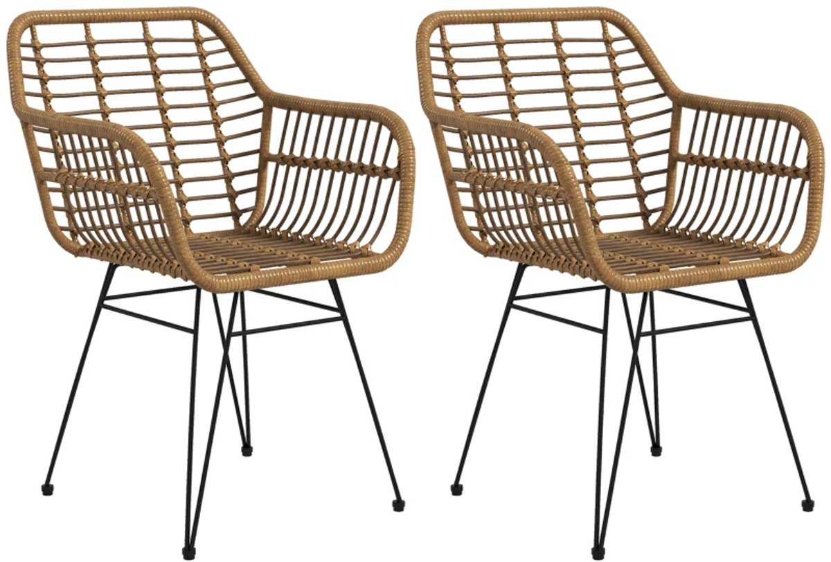 Eetkamerstoel - Set Van 2 - Keukenstoelen In Boho-stijl - PE-rotan - 56 x 60 x 79 cm - Naturel En Zwart