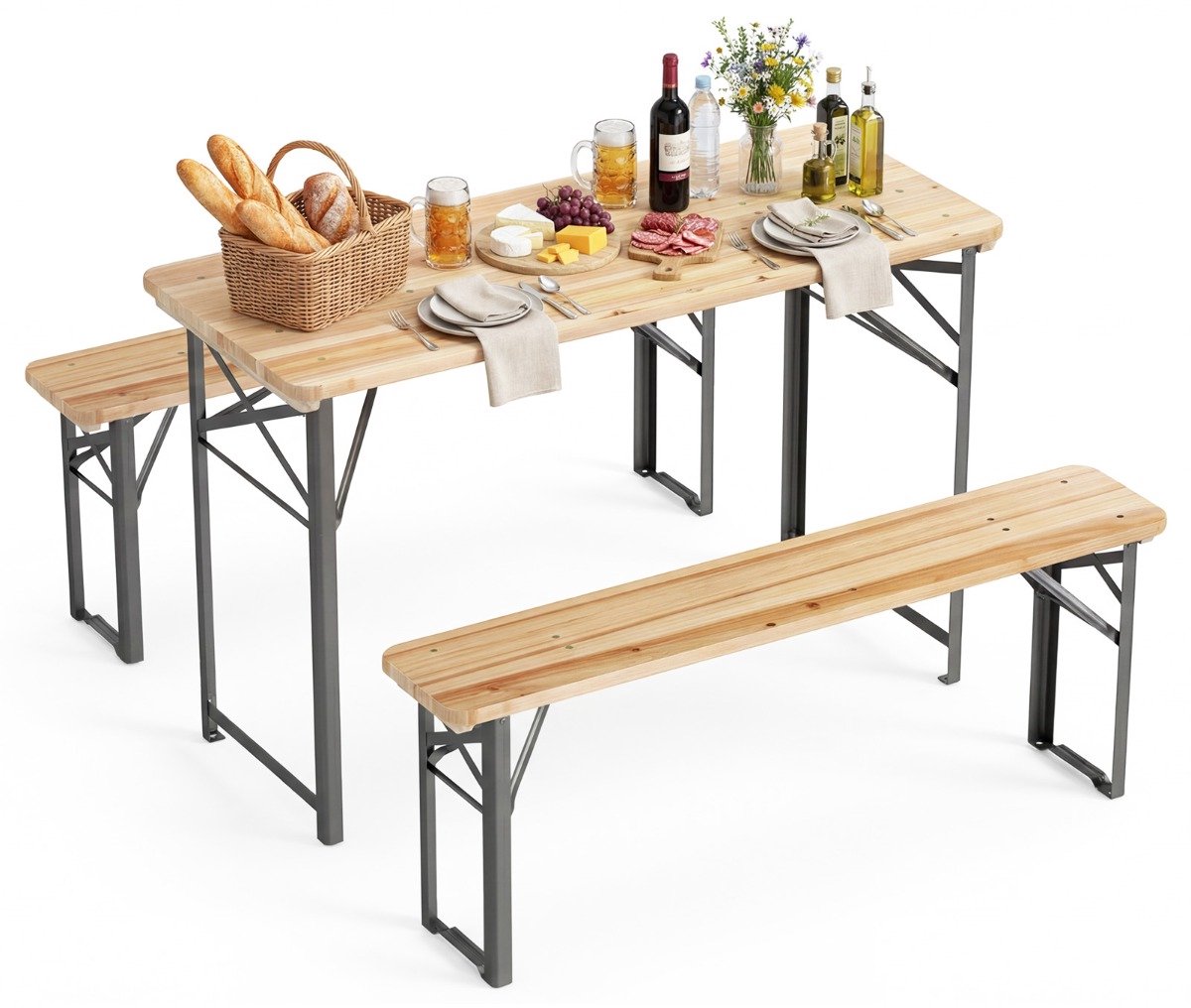 SureDeal® - Tuinset - Delige Opvouwbare Biertafelset - Tafel - Banken Tuinmeubelen Dennenhout - Metalen - 118x50x75 cm - Donkerbruin