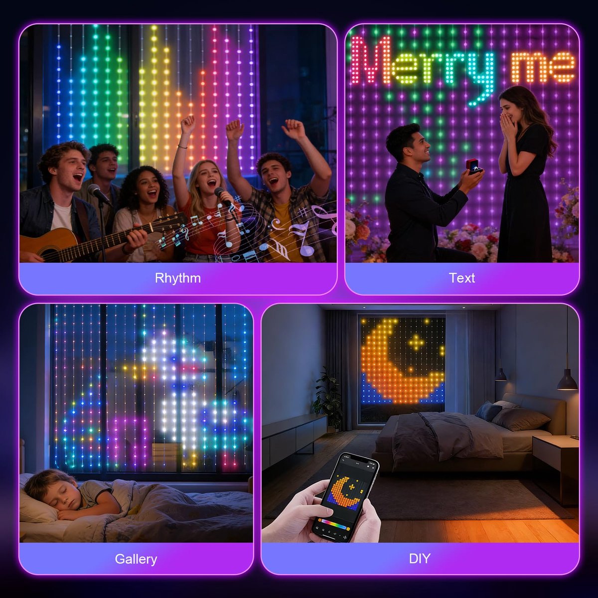 Namajunas - Smart Lichtgordijn - 3M x 3M - 400LED RGB - DIY Patronen Mogelijk - Met Eigen App & Afstandsbediening - Timer - Muziek‑gestuurd Licht - IP44 - Lichtgordijnen – Sfeerverlichting - Binnen en Buiten - Decoratie voor Huis - Cadeaus voor Kerst – foto 6