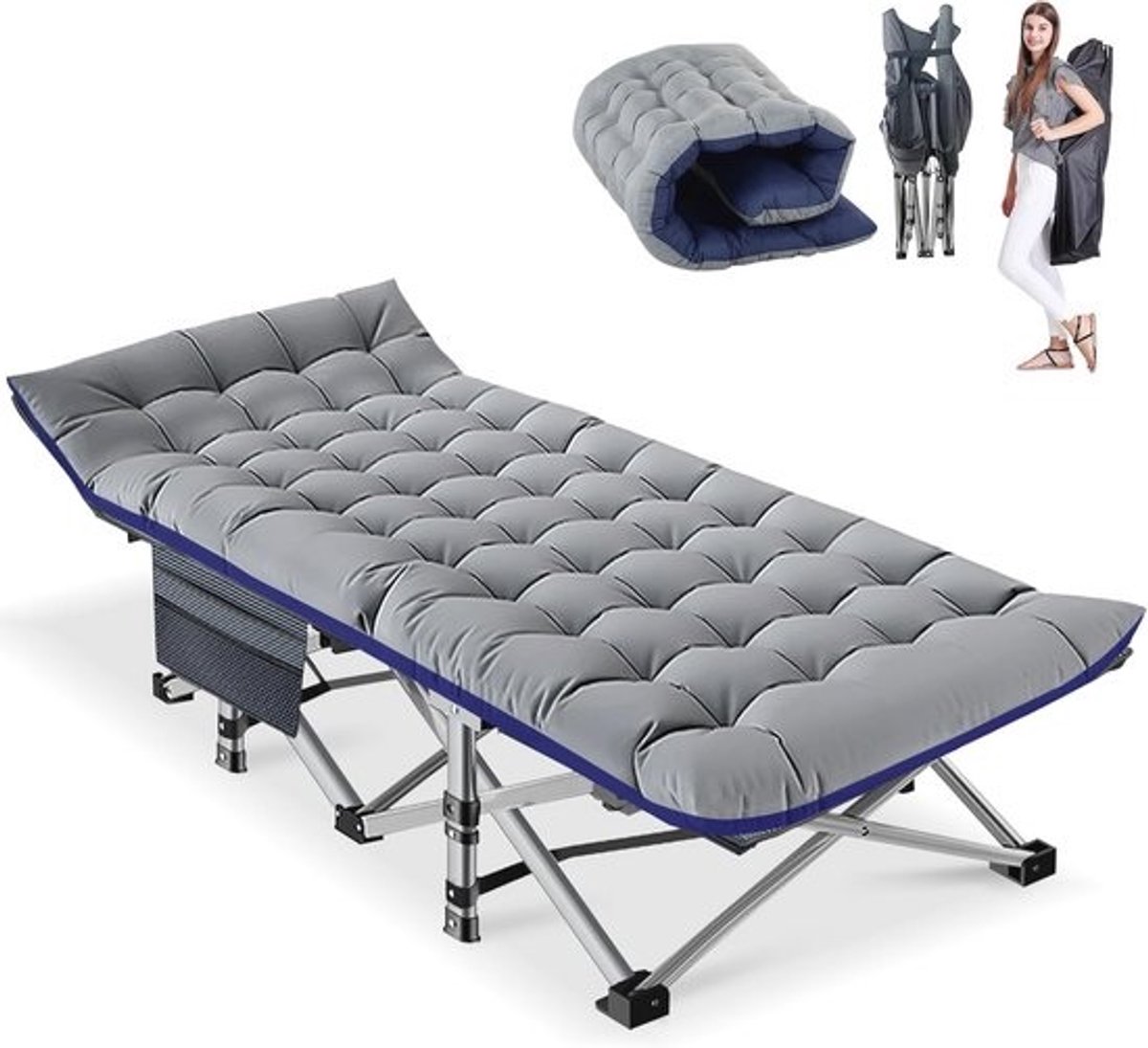Opklapbaar campingbed met kussens en zijzakken - 200kg belastbaarheid, 180x71x43cm, ideaal voor tuin en kantoor