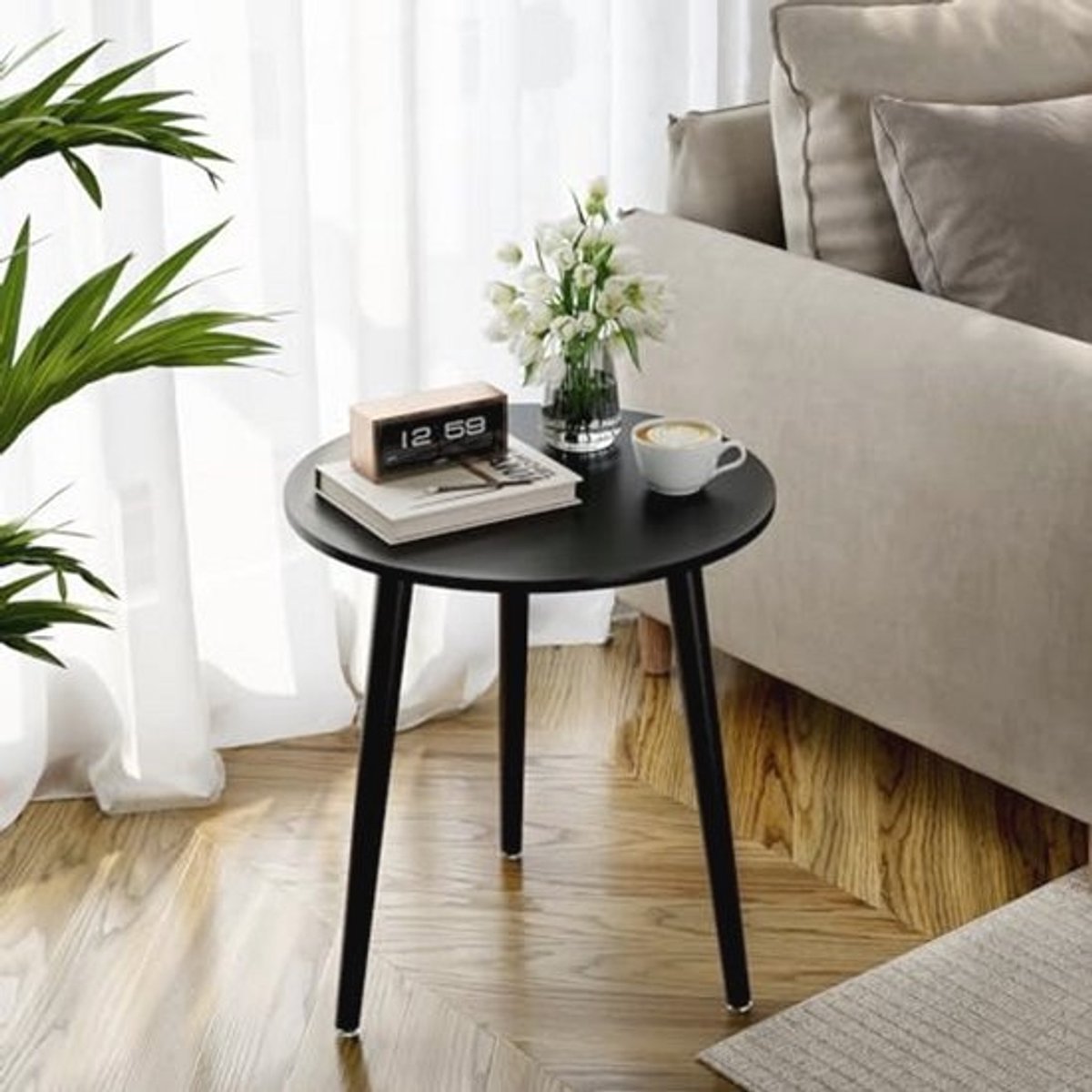 Ronde Bijzettafel van Hout - Ø 42 cm - Hoogte 51 cm - Scandinavische Stijl - Voor Woonkamer en Slaapkamer - Zwart