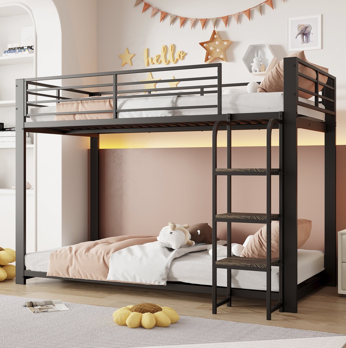 STILVORA Stapelbed 90x200 cm – Metalen en MDF Kinderbed met trap aan korte zijde – Uitvalbeveiliging boven – Voor kinderkamer en jeugdkamer – Zwart – Zonder matras