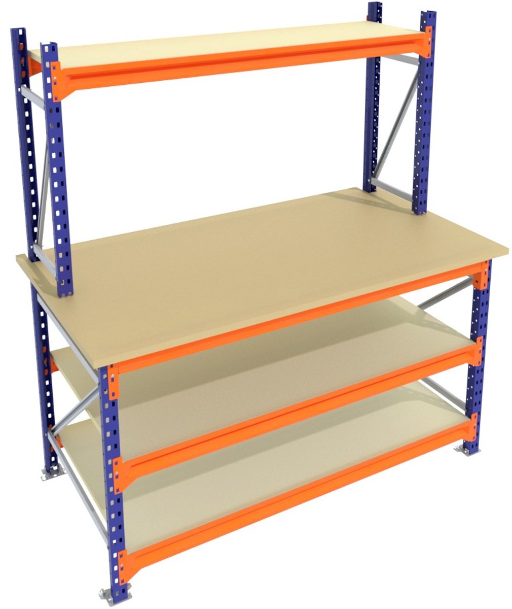 Werkbank of Inpaktafel vast Blauw 150centimeterx85centimeter - 3 niveaus (1 opbouw, multiplex)