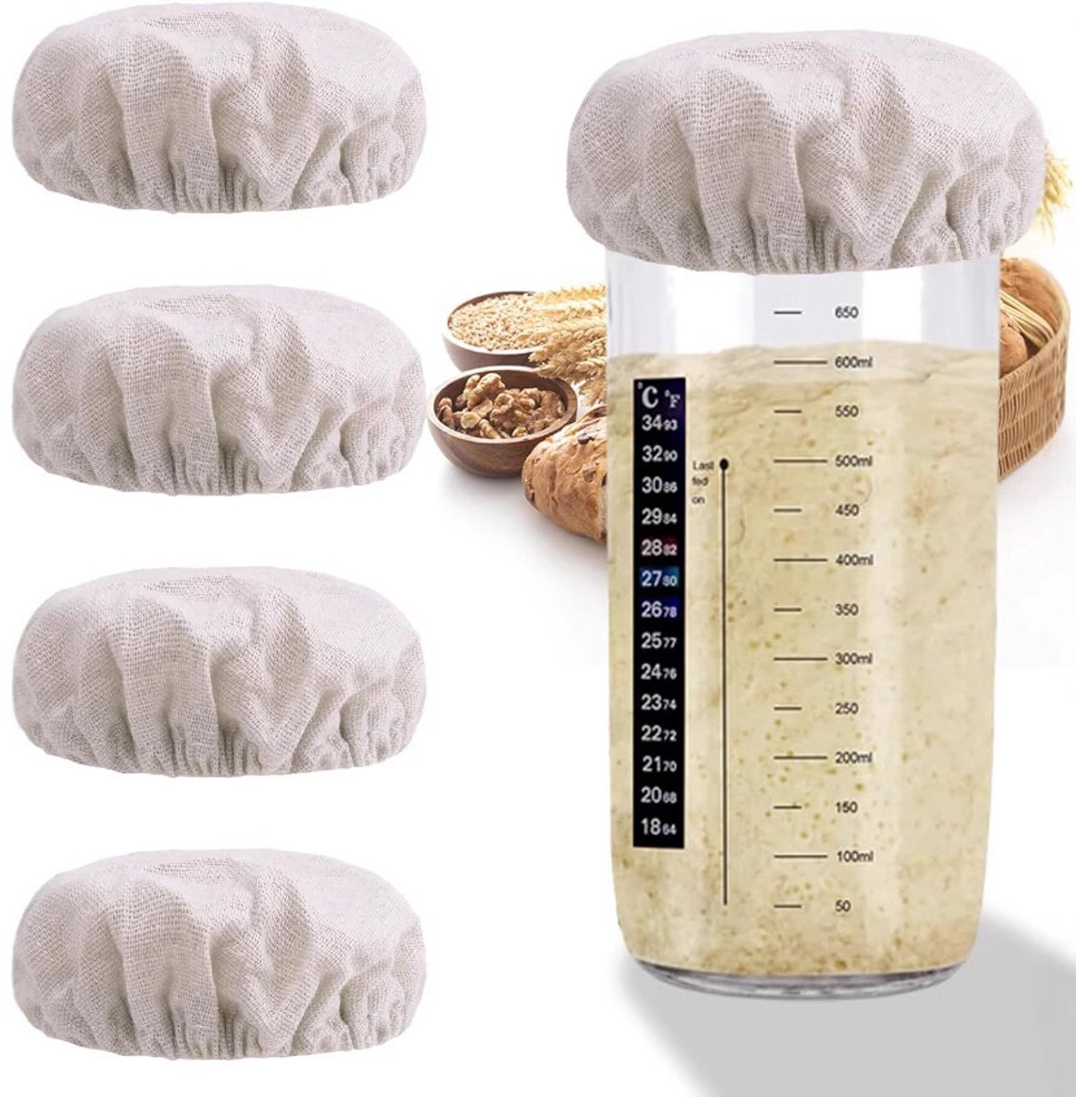 5-delige set - Stoffen deksel - Accessoires voor fermentatiepotten - Zuurdesemfermentatiepot - Herbruikbaar - Geschikt voor voedselbewaring - 9*3 cm - Wit