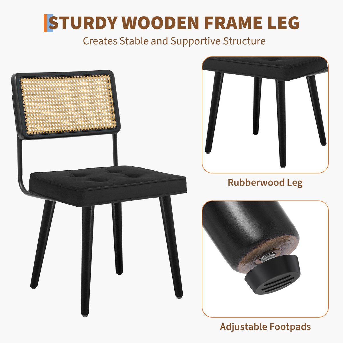 Triumpunpre - Set van 1 Eetkamerstoelen - Mid‑Century Rotan Stoelen - Gestoffeerde Zitting - Massief Houten Poten voor Eetkamer en Woonkamer - Fluweel | Zwart