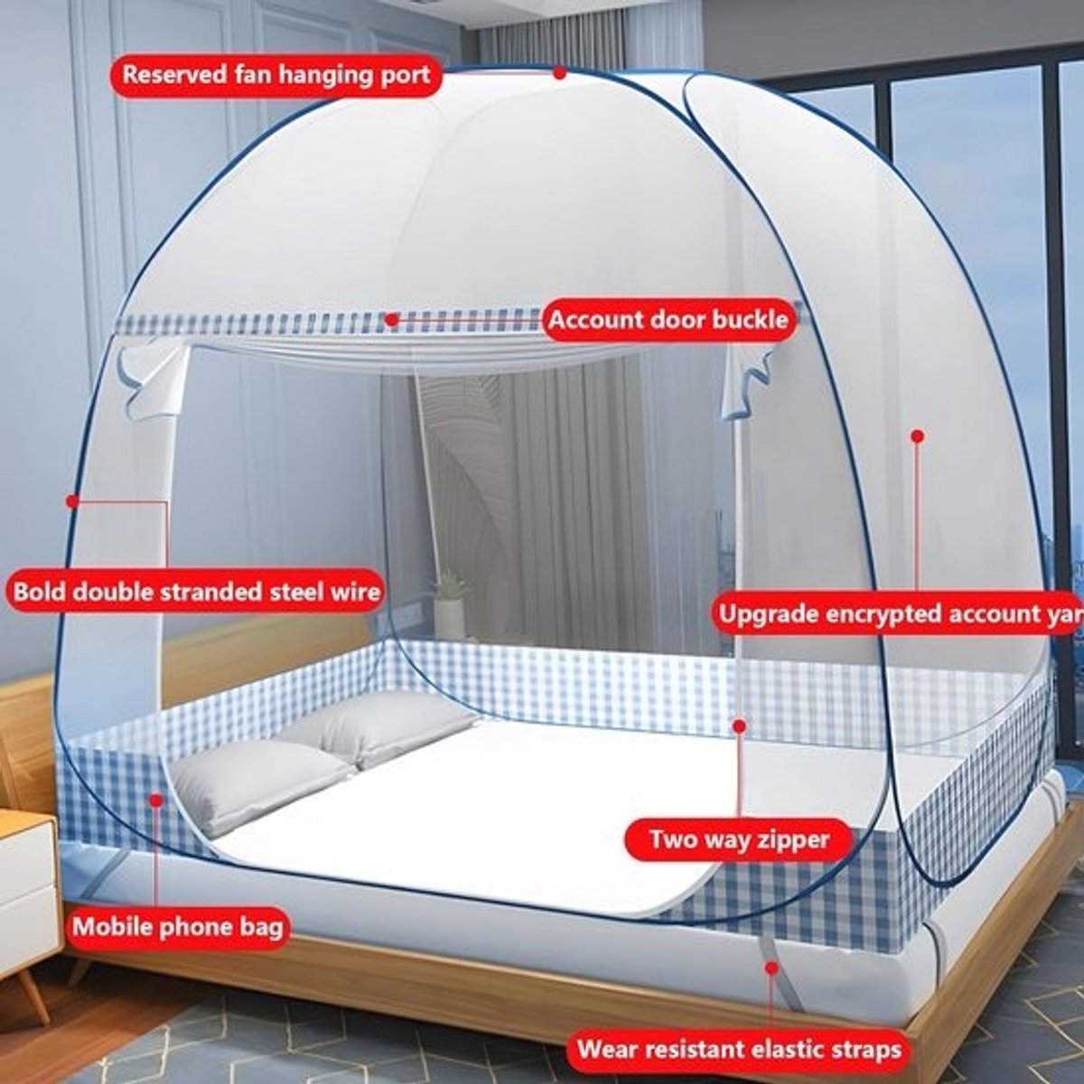 Dubbel Bed Muggennet met Ritsen - Vouwbaar en Draagbaar voor Kamers, Camping en Hotels