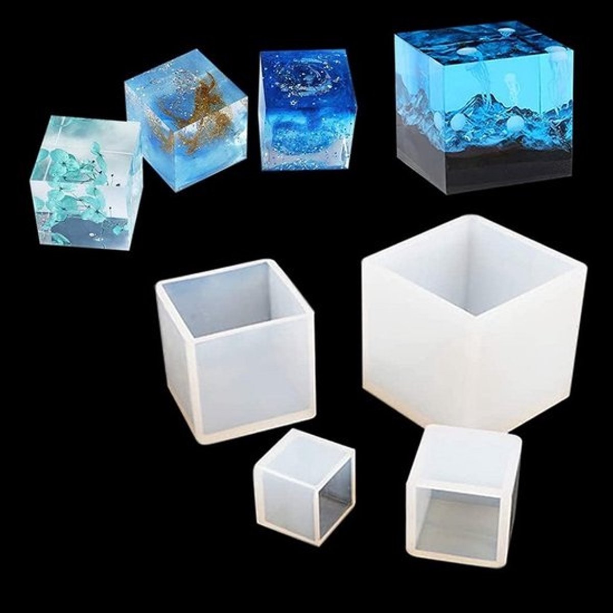 Set van 4 Siliconen Kubus Mallen voor Hars Gieten en DIY Sieraden