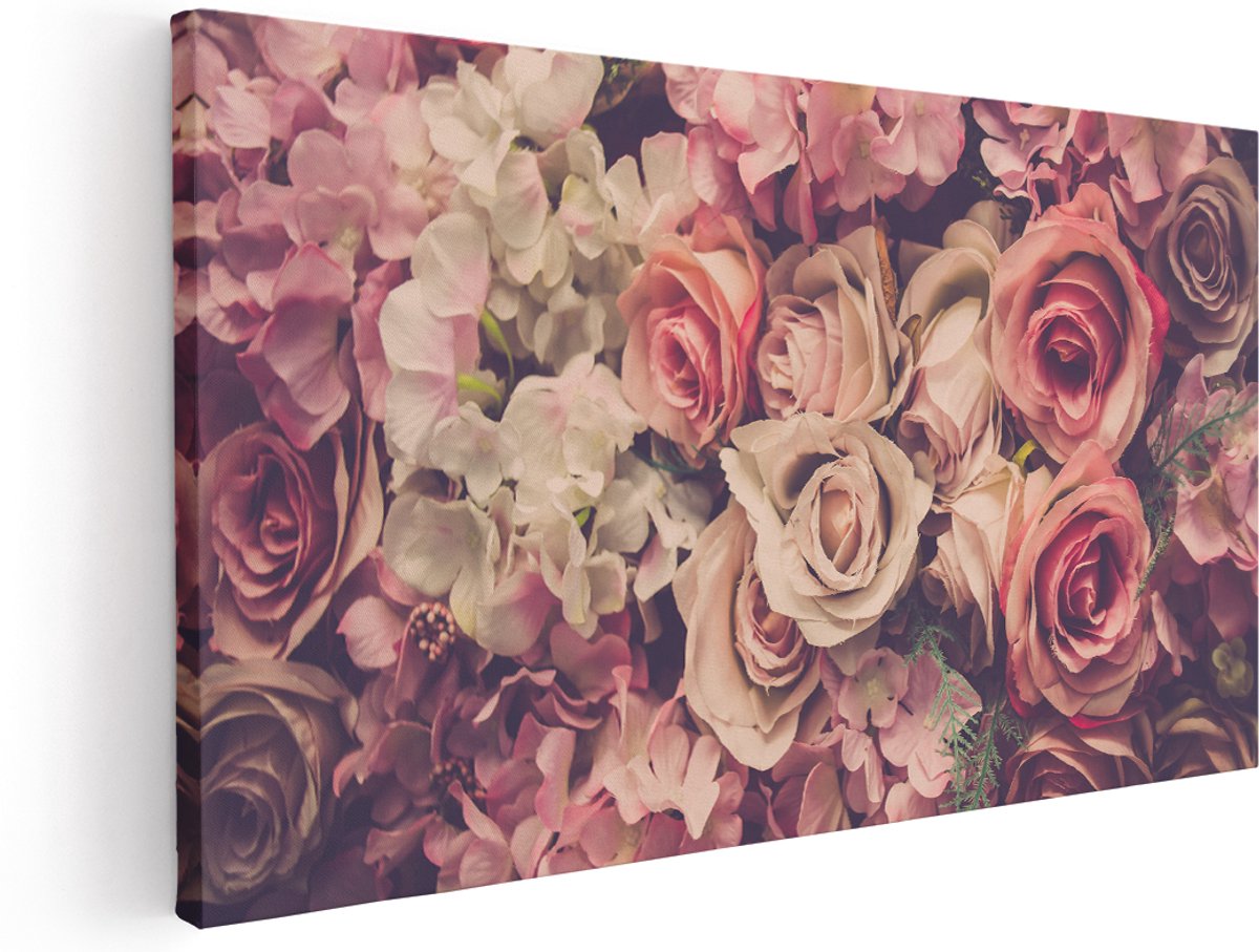 Artaza Canvas Schilderij Roze Rozen Achtergrond - Retro - Bloemen - 140x70 cm - Groot - Wanddecoratie Woonkamer - Schilderijen - Muurdecoratie