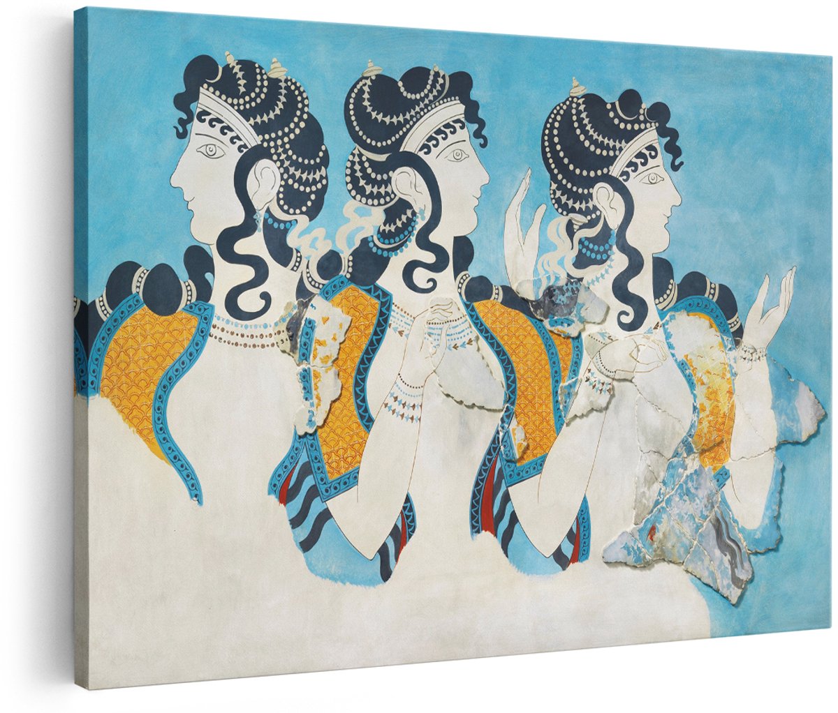 Artaza Canvas Schilderij Fresco Minoïsche Vrouwen - 150x100 cm - Groot - Wanddecoratie Griekenland - Muurdecoratie Klassiek - Decoratie Antiek Portret