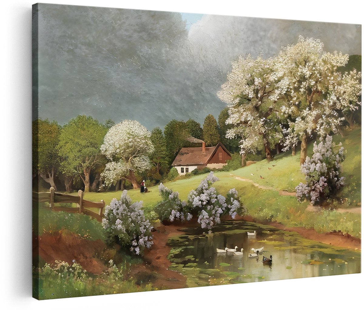 Artaza Canvas Schilderij Landschap - 150x100 cm - Groot - Wanddecoratie Landelijk Huisje - Muurdecoratie Natuur - Decoratie Bloeiende Bomen Vijver