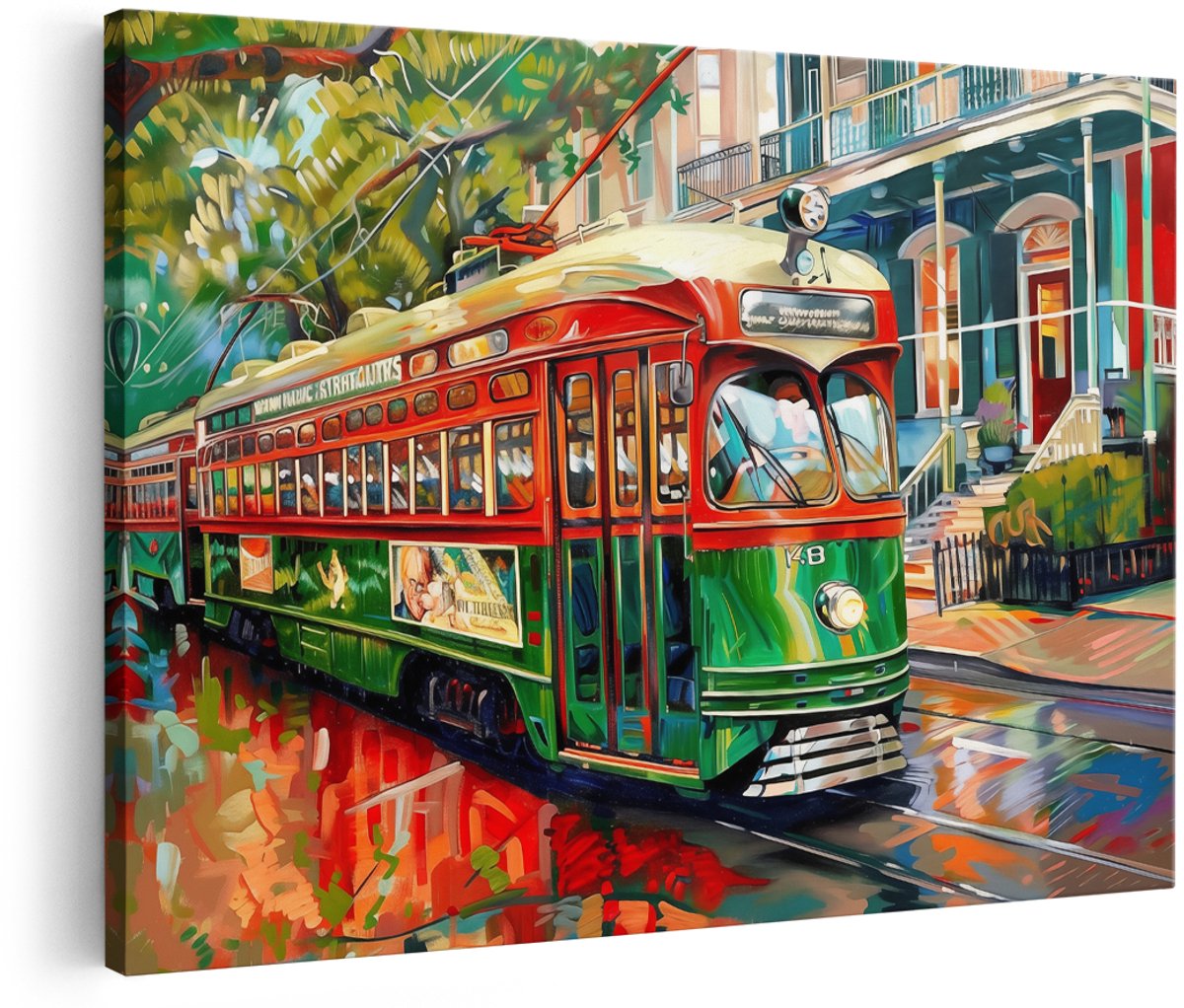 Artaza Canvas Schilderij Kunstwerk van een Tram in New Orleans - 150x100 cm - Groot - Wanddecoratie Woonkamer - Schilderijen - Muurdecoratie