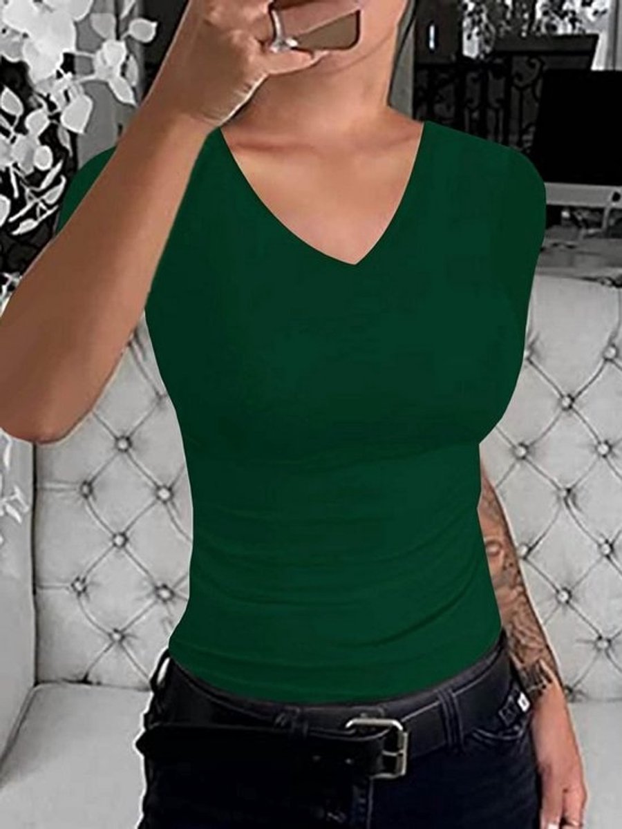 Dames T-shirt Sexy Korte Mouw V-Hals Slim Fit Zomershirt Basic Top