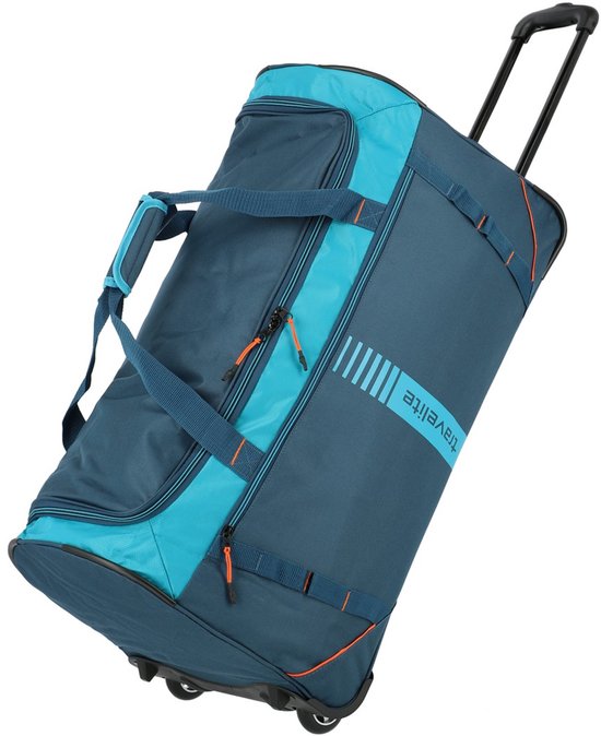 Grote blauwe reistas met turquoise accenten en oranje details. De tas heeft wieltjes, een uitschuifbaar handvat en het Travelite logo.