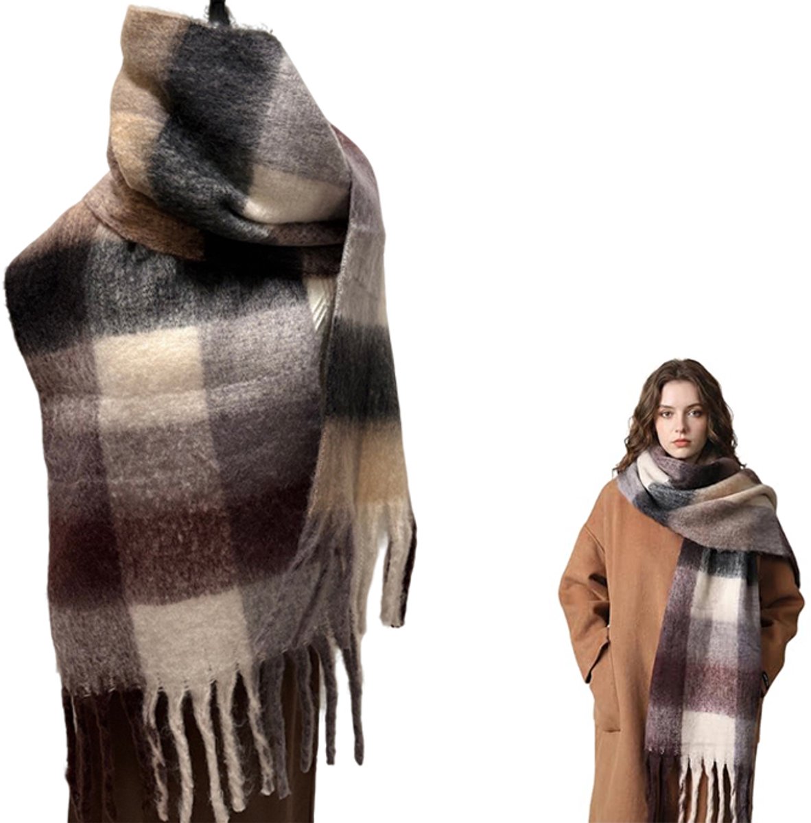 Dikke wintersjaal - Gebreide dikke geruite sjaal - Grote geruite sjaal - Warme nekwarmer - Sjaal - Omslagdoek - Warm en koubestendig - 230*40 cm - Geschikt voor reizen, werk en om warm te blijven - Bruin