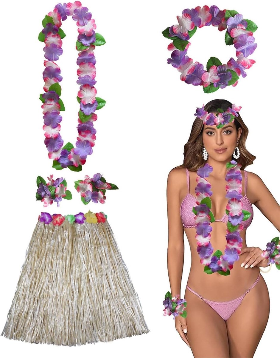 Hawaiiaanse Kostuumset voor Vrouwen met Grasrok, Ketting, Armband en Hoofdband voor Strandthema Feestjes