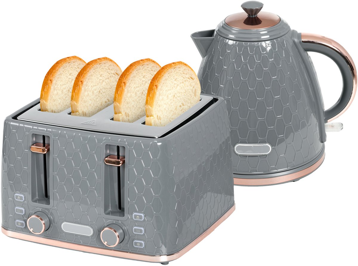 TEKROA® 2-in-1 keukenset, broodbakmachine en waterkoker, meer opties, 1,7 liter - roostert 4 sneetjes brood tegelijk, kunststof - grijs