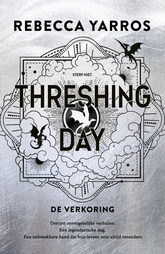 Boekomslag met "THRESHING DAY" in grote letters, bewerkt met draken en wolken. "REBECCA YARROS" staat bovenaan.