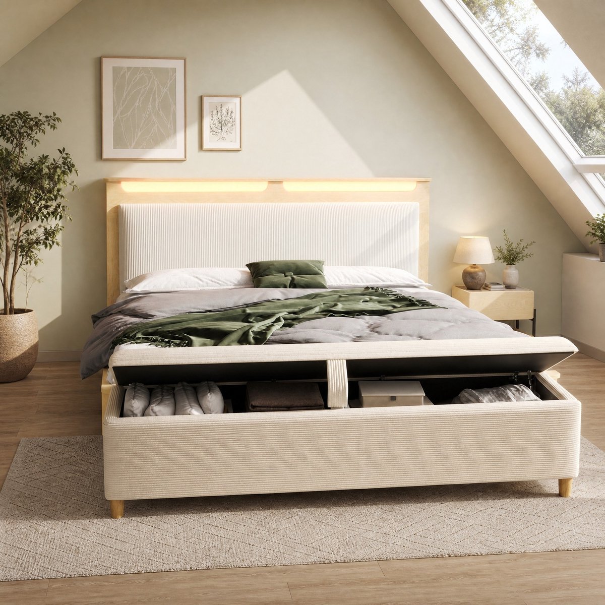 REDOM - Bedframe - Opbergruimte - Hoofdbord met LED-verlichting - Met bedbank - Moderne stijl - Slaapkamer - Hout en stof - Beige - 145 x 253 x 110 cm