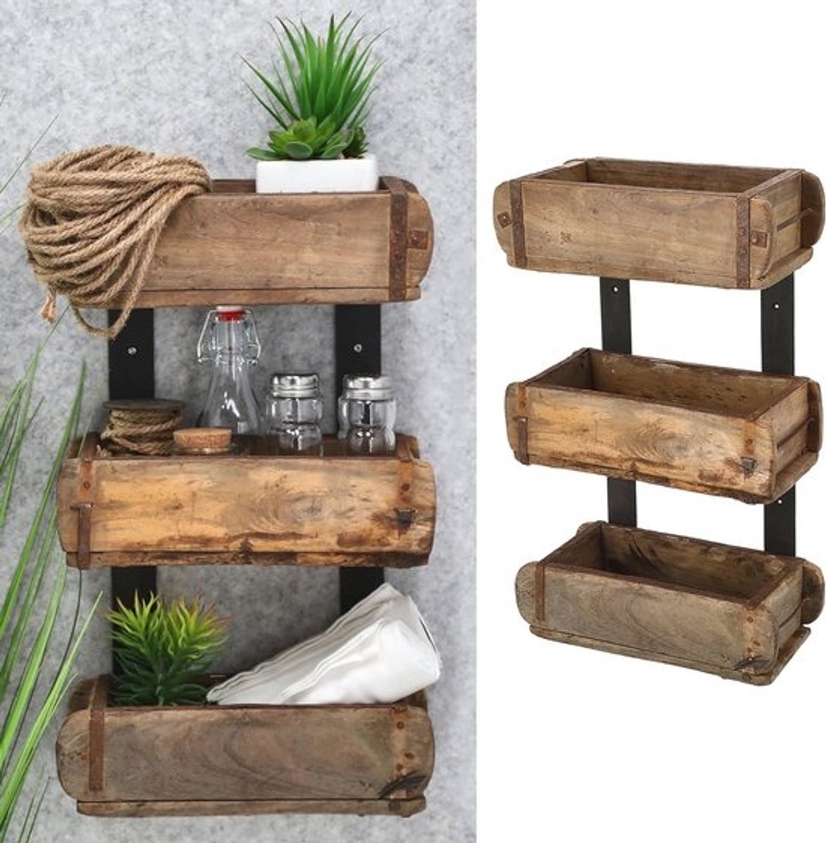 Houten Kisten Rek in Baksteenvorm - Vintage Wandplank voor Opberging