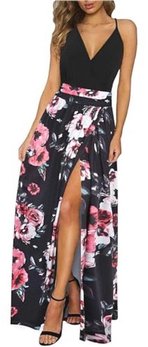 Zomerjurk Dames V-hals Korte Mouw Split Casual Maxi Jurk
