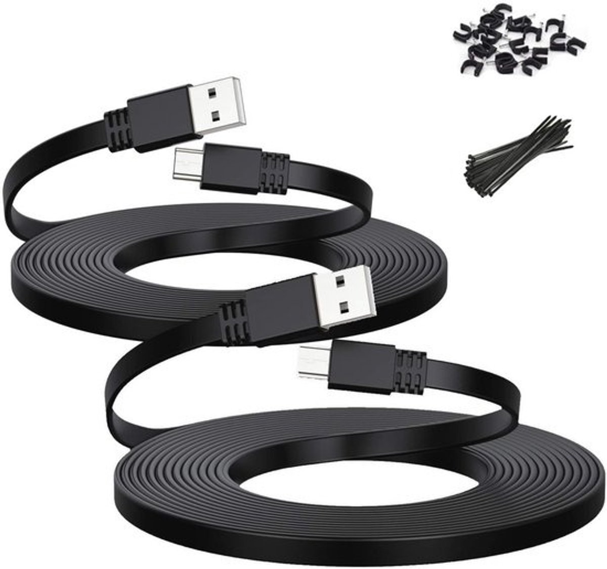 Micro-USB-kabels 3 m, set van 2, verlengkabels voor bewakingscamera's en meer