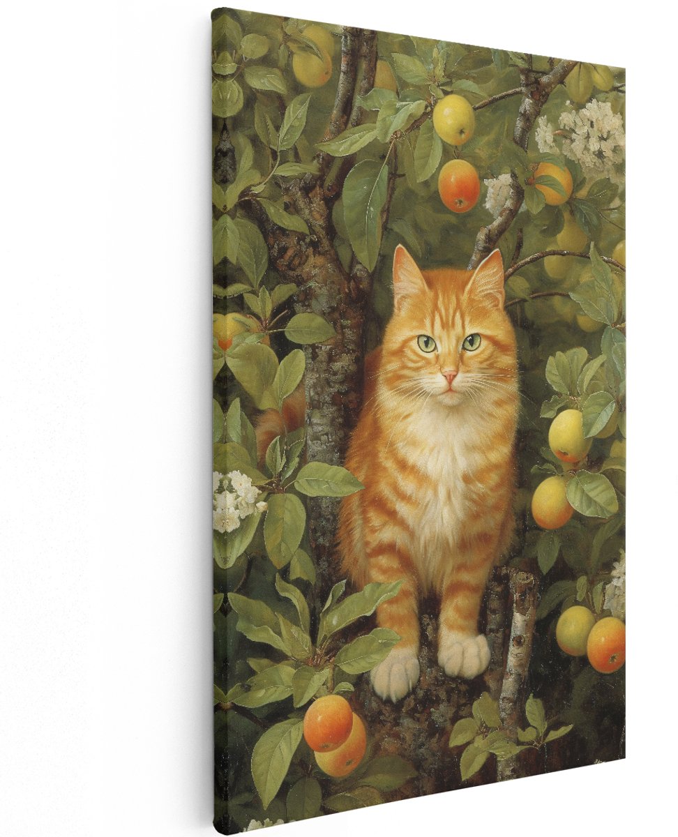 Artaza Canvas Schilderij Kat in een Appelboom - 120x180 cm - Groot - Foto Op Canvas - Wanddecoratie Woonkamer