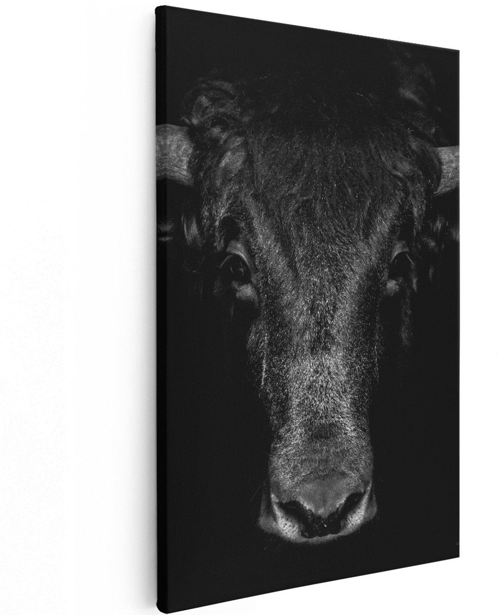 Artaza Canvas Schilderij Stierenkop - Stier - Zwart Wit - 120x180 cm - Groot - Wanddecoratie Woonkamer - Schilderijen - Muurdecoratie