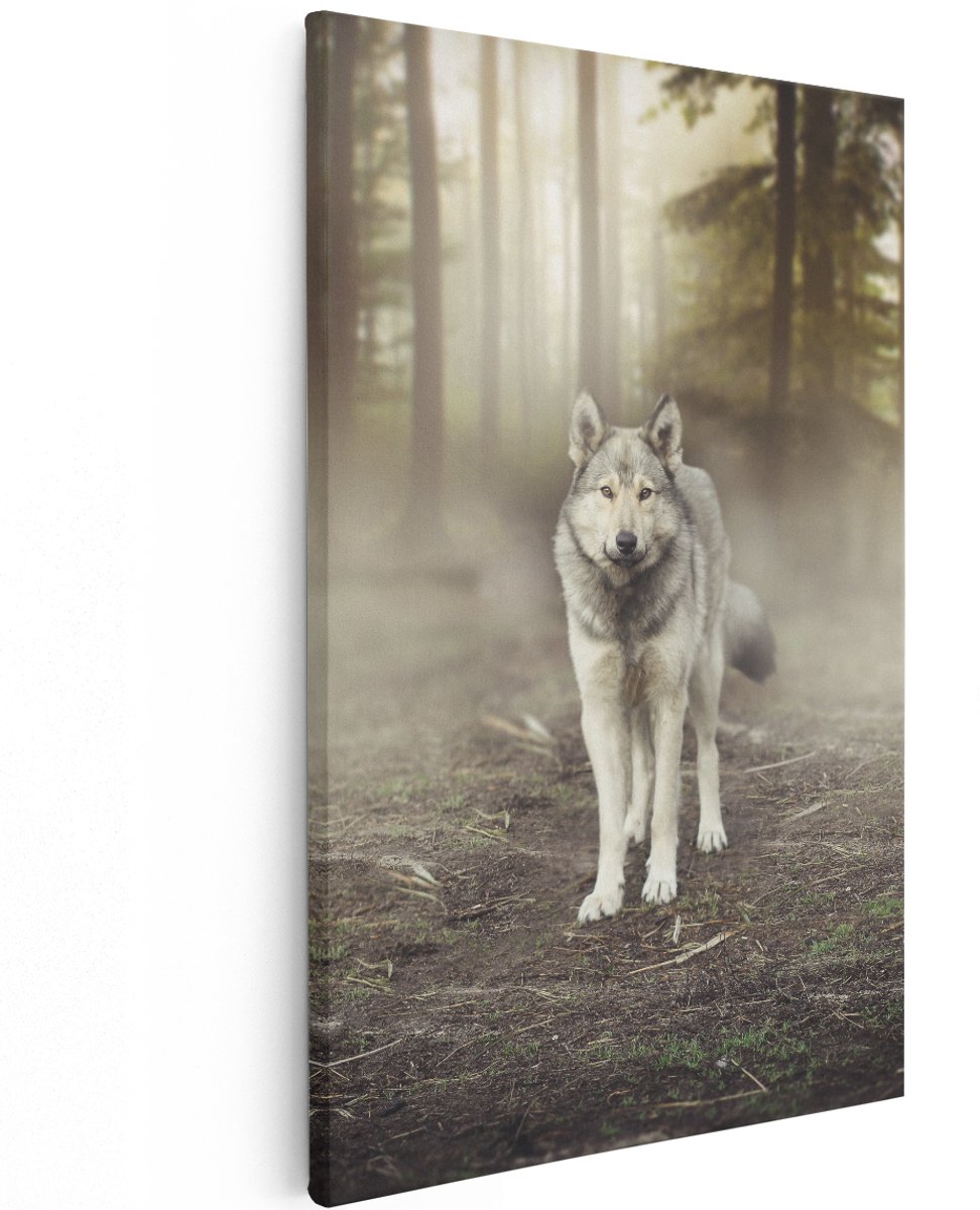 Artaza Canvas Schilderij Grijze Wolf In Het Bos - 120x180 cm - Groot - Wanddecoratie Woonkamer - Schilderijen - Muurdecoratie