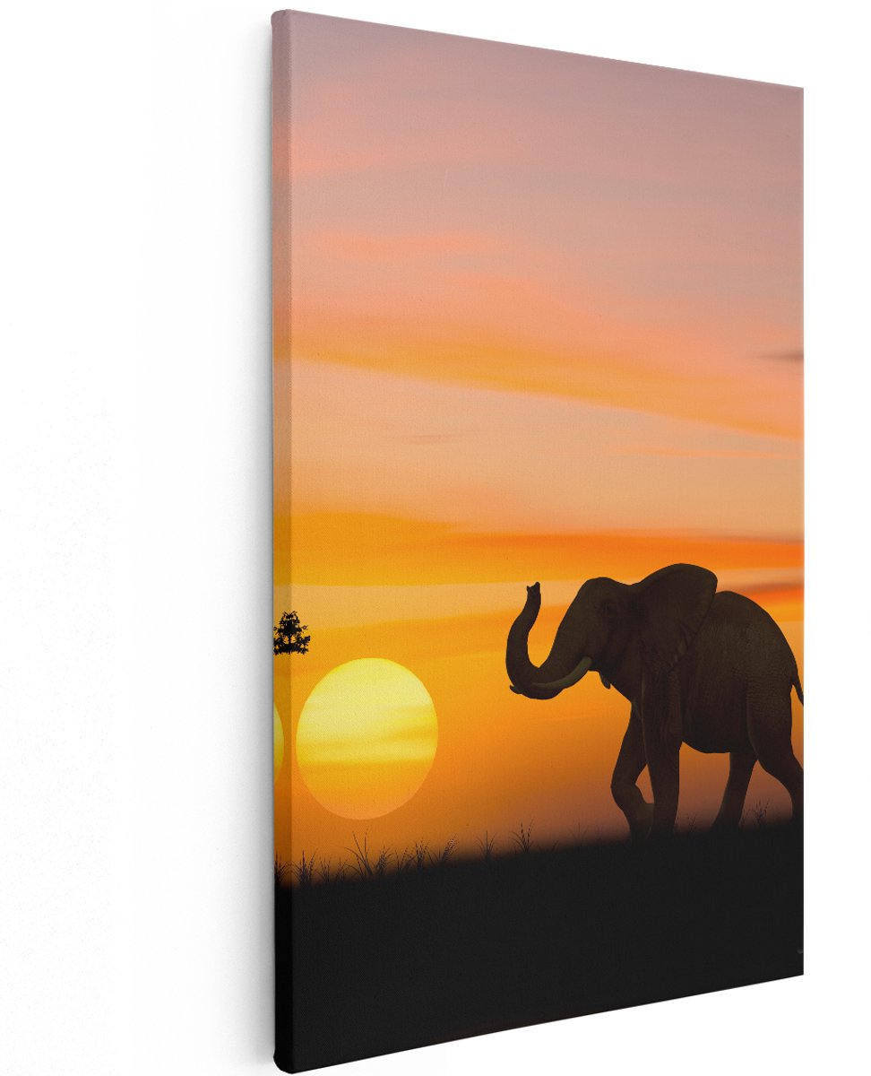 Artaza Canvas Schilderij Olifant Silhouet Tijdens Zonsondergang - 120x180 cm - Groot - Wanddecoratie Woonkamer - Schilderijen - Muurdecoratie