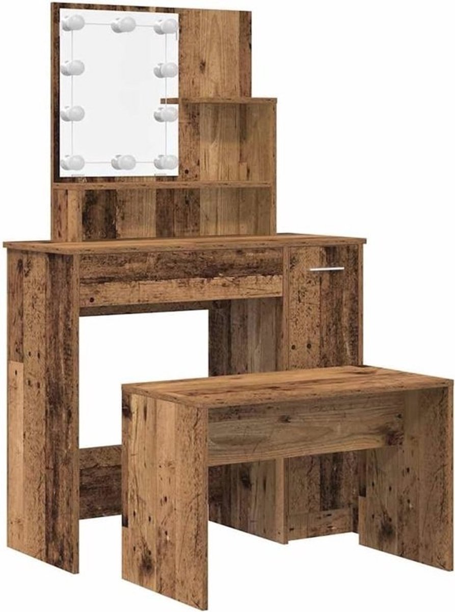 LED Verlichte Make-up Tafel Set - Dresser met Oude Houten Kleur