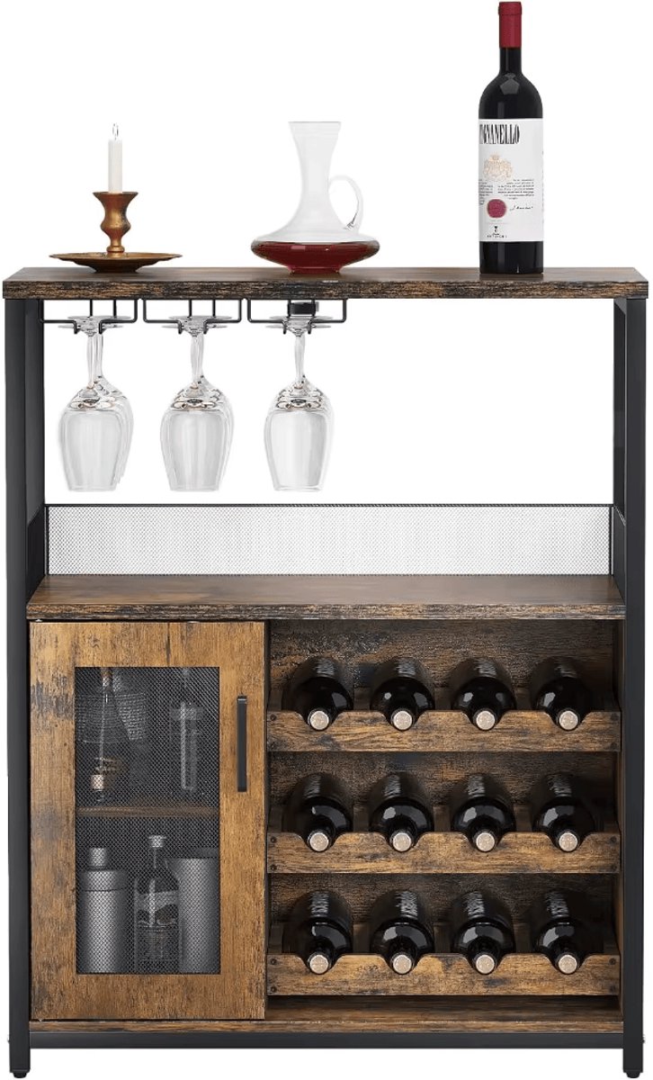 Gudalio Wijnrek - Wijnkast - Barkast - Drankkast - 3 Laags - Modulair - Geïntegreerde glazenhouder - 69x35x92 cm - Rustiek - Bruin