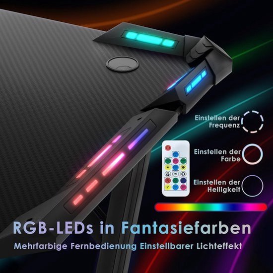 Gaming Tafel 140 x 60 cm - A-vormig Frame - Koolstofvezel Blad - RGB LED Verlichting - met Bekerhouder en Hoofdtelefoonhaak — afbeelding 3