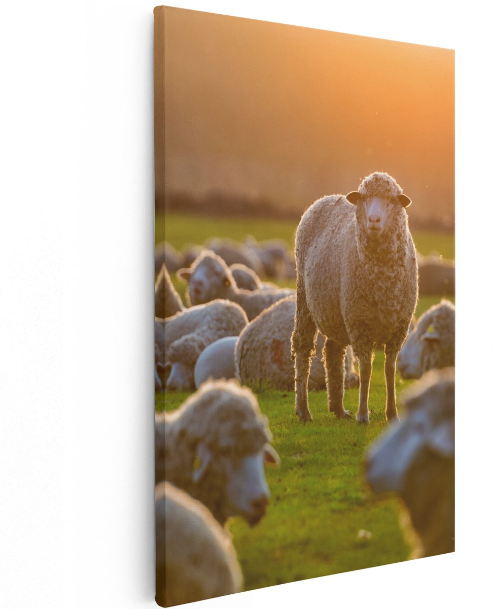 Artaza Canvas Schilderij Kudde Schapen bij Zonsondergang - 120x180 cm - Groot - Wanddecoratie Woonkamer - Schilderijen - Muurdecoratie