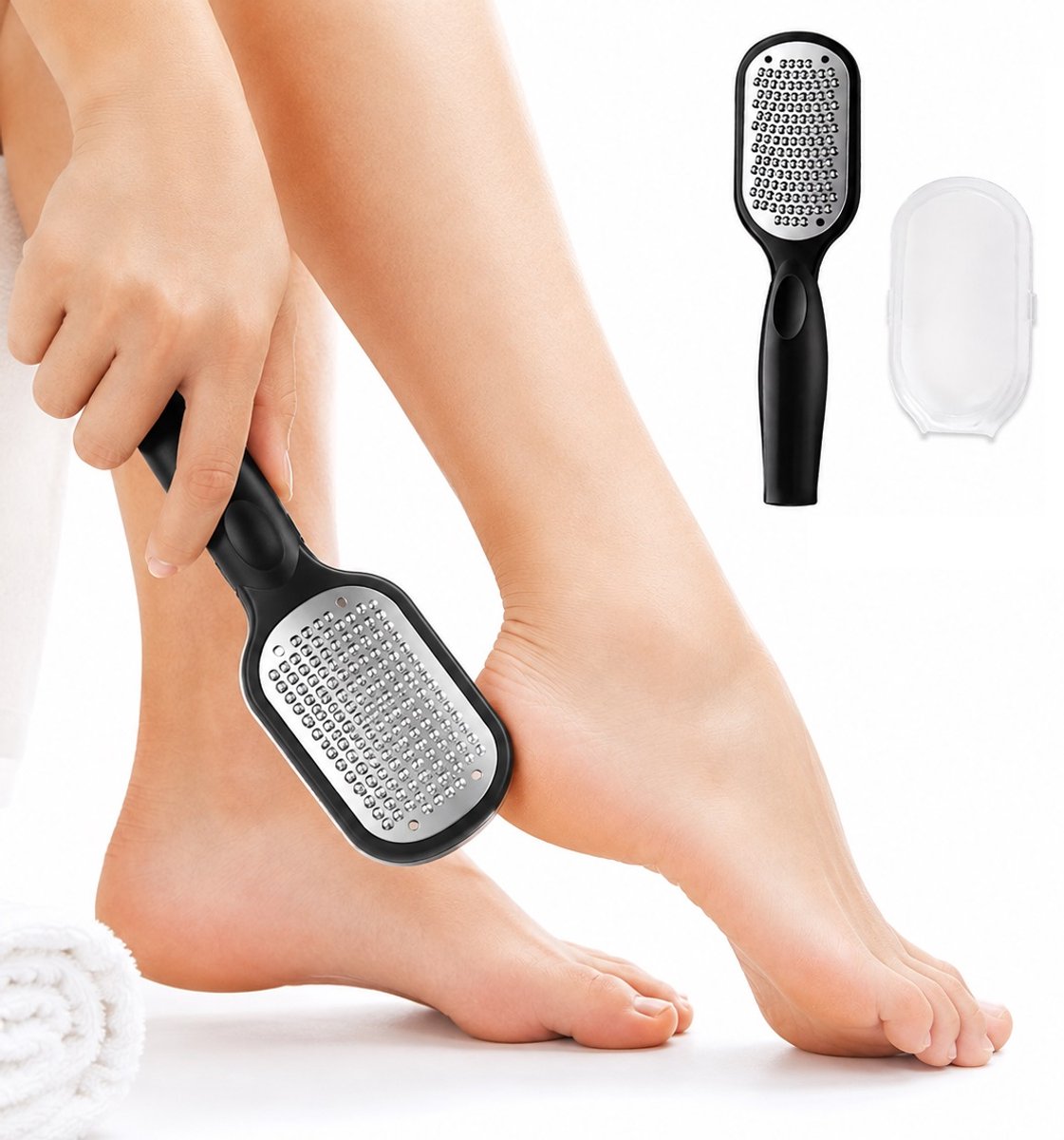 Professionele Voetvijl met Opvangbakje – Dubbelzijdige RVS Eeltvijl & Eeltrasp – Vangt Dode Huid Direct Op – Ergonomische Pedicure Voetvijl – 20 cm