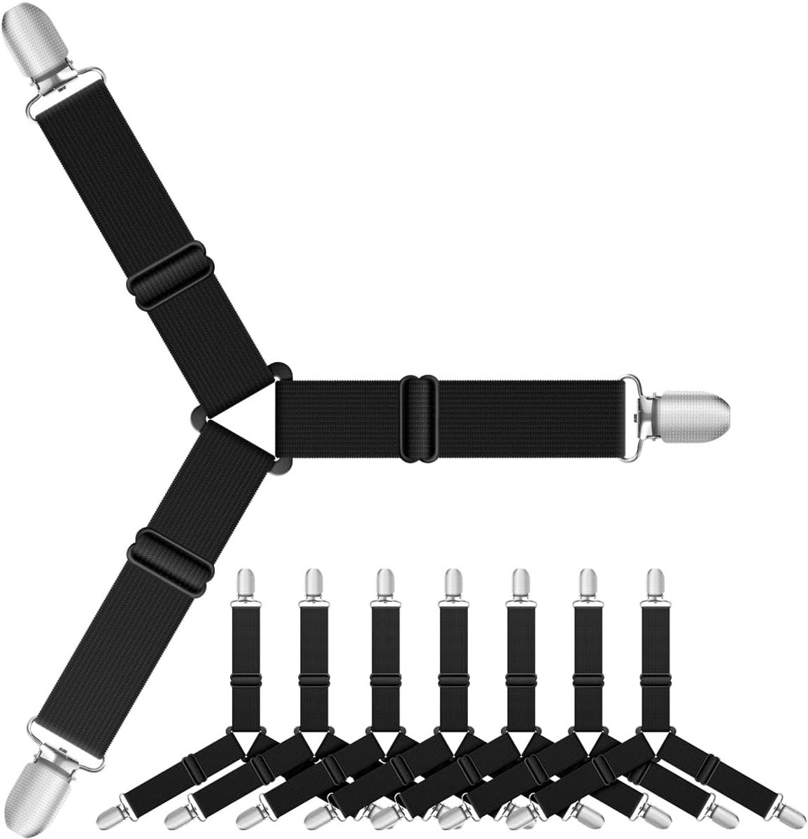 Bedlaken Clips - Zwart - 8 Stuks - Verstelbare Banden met Metalen Clips - Voor Ondersteuning van Beddengoed