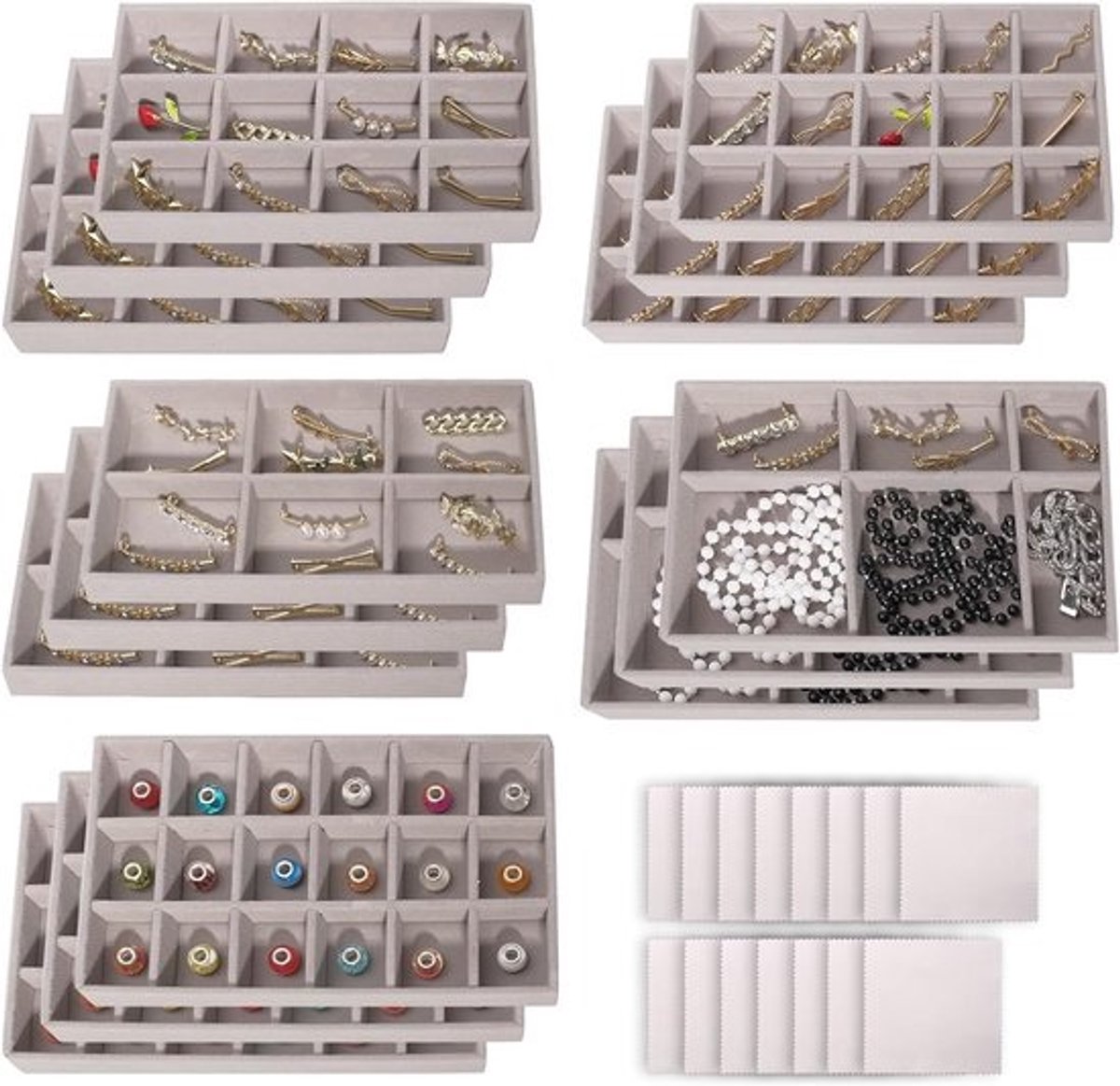 15-Delige Sieraden Organizer Set voor Laden - Stapelbare Fluweel Bakjes voor Ringen, Oorbellen en Kettings