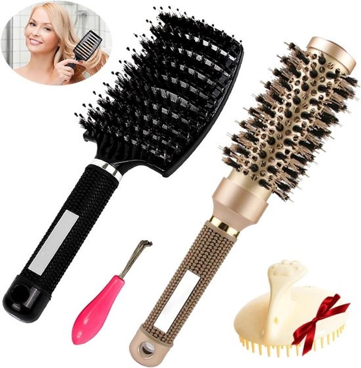Complete Haarborstel Set met Ontwarrende Paddle Borstel en Ronde Borstel voor Alle Haartypes