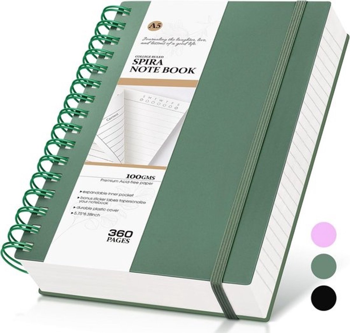 Spiral Notebook - Lined Journal - Schrijven en Notities - 360 Pagina's - A5 - Donkergroen