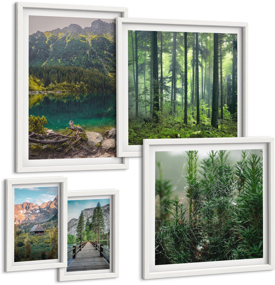Wallfluent 5-Delige Schilderij Set - Natuurlandschappen Met Uitzicht Op Bergen En Bossen - 50 x 50 cm, 20 x 30 cm En 40 x 60 cm - Wanddecoratie - Schilderijen Set - Interieur - Decoratieve Schilderijen
