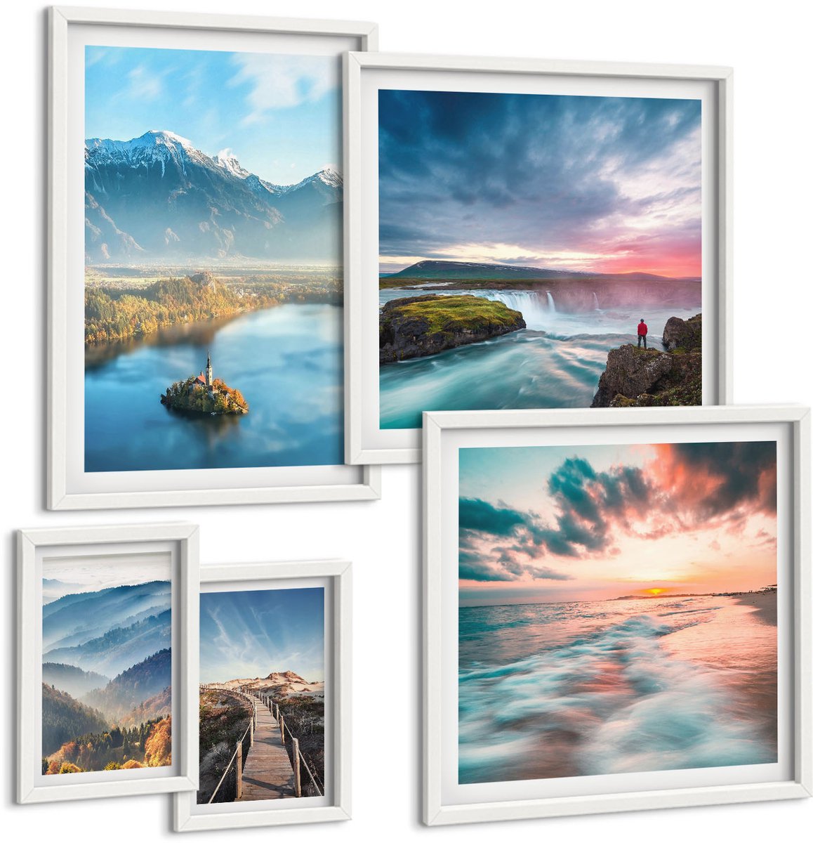 Wallfluent 5-Delige Schilderij Set - Natuurlandschappen Met Bergen En Watervallen Op De Achtergrond. - 50 x 50 cm, 20 x 30 cm En 40 x 60 cm - Wanddecoratie - Muurdecoratie - Moderne Interieurdecoratie - Stijlvolle Muurdecoratie
