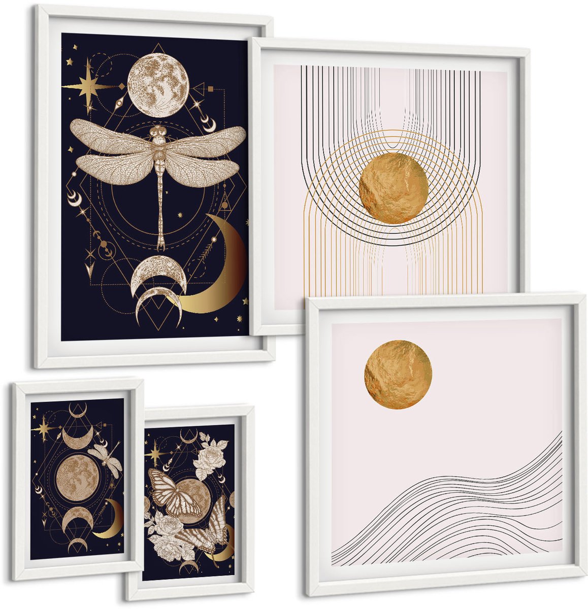 Wallfluent 5-Delige Schilderij Set - Stijlvolle Ruimtethema'S Met Insecten En Geometrische Patronen. - 50 x 50 cm, 20 x 30 cm En 40 x 60 cm - Wanddecoratie - Muurdecoratie - Moderne Interieurdecoratie - Interieur Decoratie