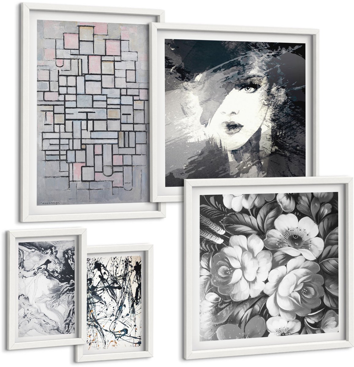 Wallfluent 5-Delige Schilderij Set - Abstracte Composities Met Bloemen En Portretten In Een Moderne Stijl. - 50 x 50 cm, 20 x 30 cm En 40 x 60 cm - Stijlvolle Muurdecoratie - Slaapkamer - Woonkamer Decoratie