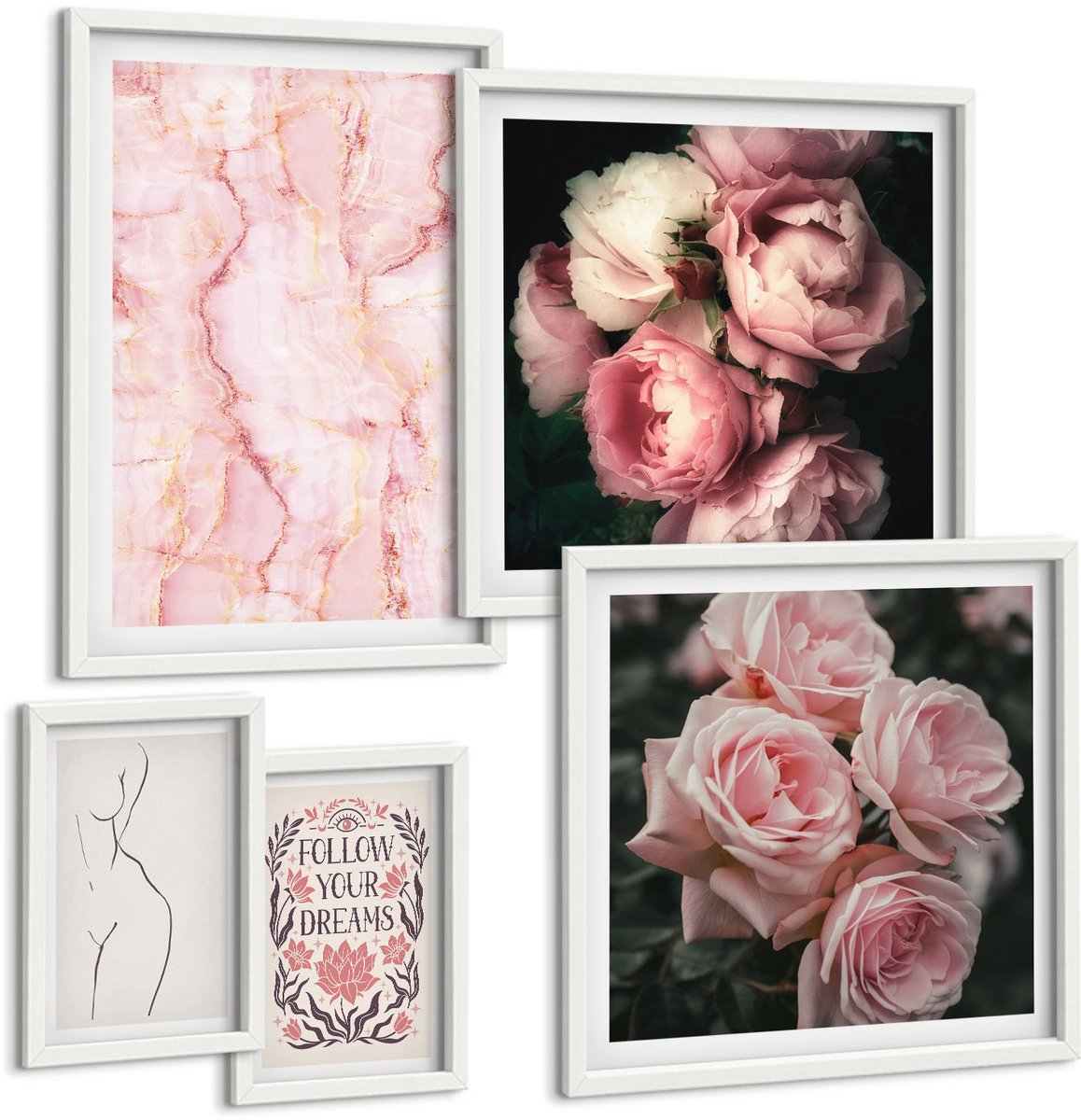 Wallfluent 5-Delige Schilderij Set - Roze Bloemen En Minimalistische Vormen In Boho-Stijl - 50 x 50 cm, 20 x 30 cm En 40 x 60 cm - Wanddecoratie - Moderne Interieurdecoratie - Muurdecoratie