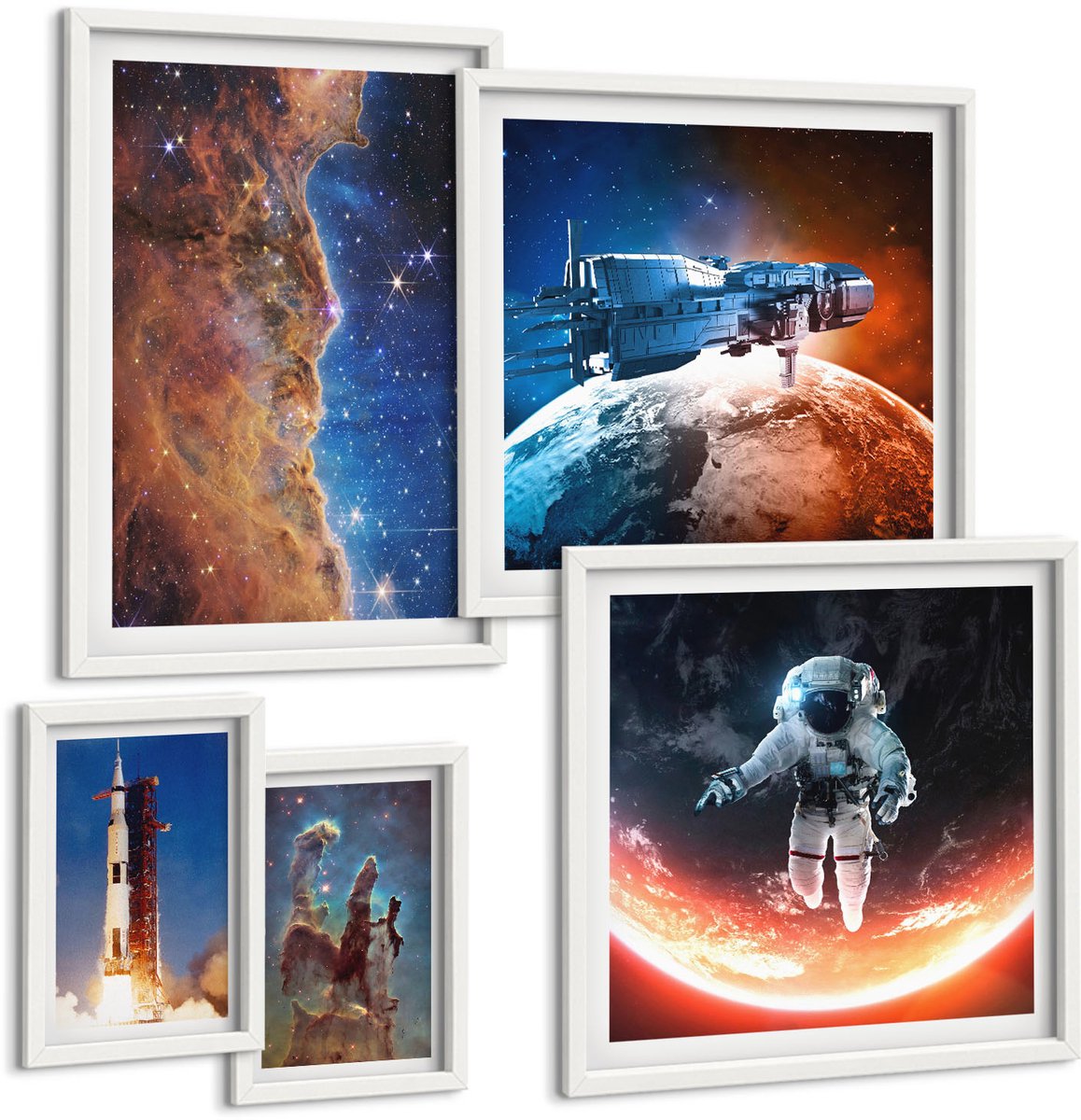 Wallfluent 5-Delige Schilderij Set - Ruimtevaart, Verkenning Van Het Universum En Sterrenstelsels - 50 x 50 cm, 20 x 30 cm En 40 x 60 cm - Wanddecoratie - Woonkamer Decoratie