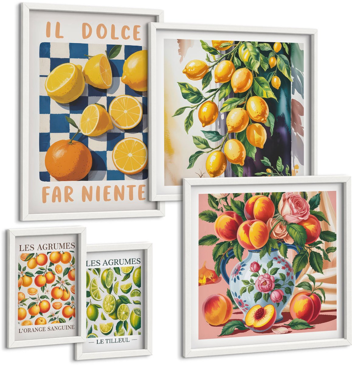 Wallfluent 5-Delige Schilderij Set - Citrusinspiratie In Retrostijl Voor De Keuken - 50 x 50 cm, 20 x 30 cm En 40 x 60 cm - Stijlvolle Muurdecoratie - Slaapkamer - Woonkamer Decoratie