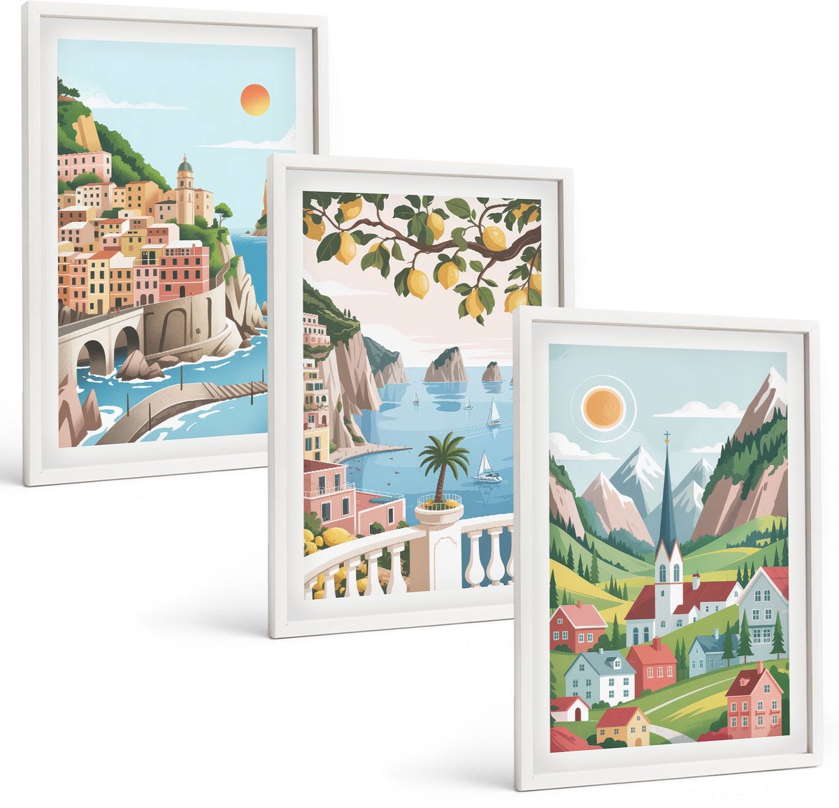 Wallfluent 3-Delige Schilderij Set - Schilderachtige Landschappen Met Zee En Citrusvruchten - 40 x 60 - Wanddecoratie - Woonkamer Decoratie - Decoratieve Schilderijen