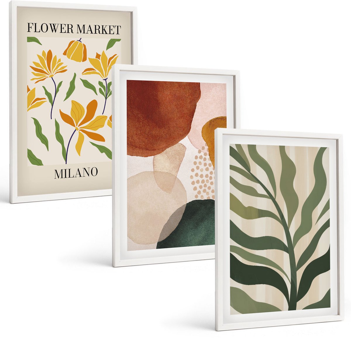 Wallfluent 3-Delige Schilderij Set - Bloemmotieven Met Abstracte Vormen En Bladeren - 40 x 60 - Wanddecoratie - Muurdecoratie - Moderne Interieurdecoratie