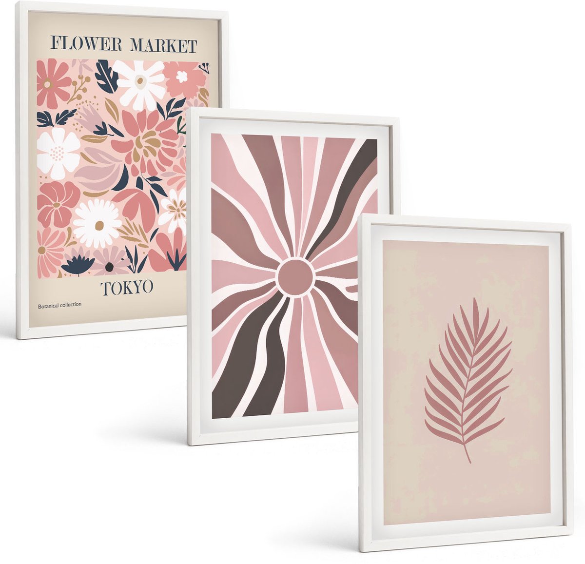 Wallfluent 3-Delige Schilderij Set - Bloemmotieven Met Bladeren En Geometrische Vormen - 40 x 60 - Wanddecoratie - Moderne Interieurdecoratie - Moderne Wanddecoratie
