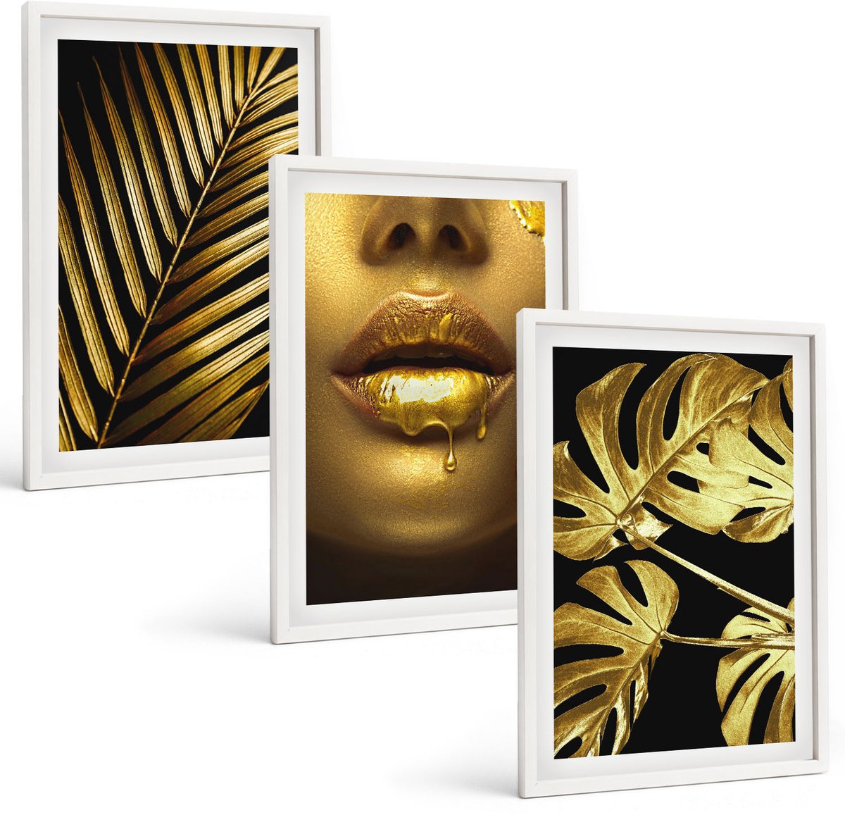 Wallfluent 3-Delige Schilderij Set - Palmbladeren Vrouwengezicht Monsterabladeren - 40 x 60 - Wanddecoratie - Woonkamer Decoratie - Stijlvolle Muurdecoratie